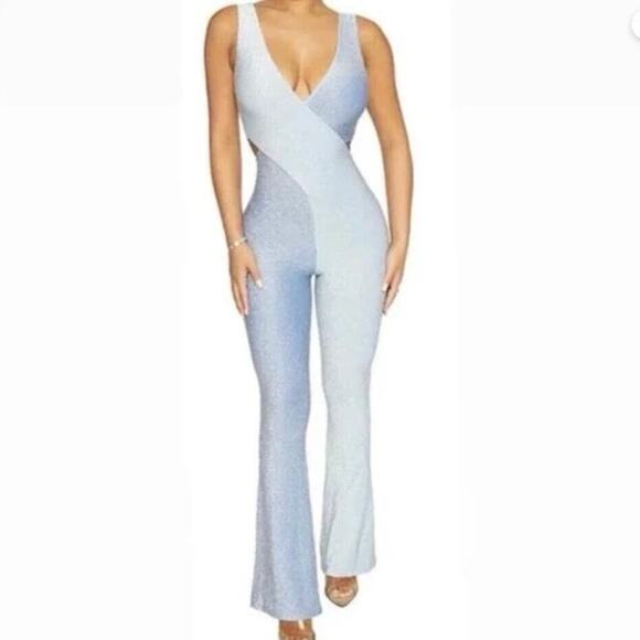 Naked Wardrobe Flare Glow About It Jumpsuit Sleeveless Cut Out Two-Tone Blue S - Picture 1 of 8